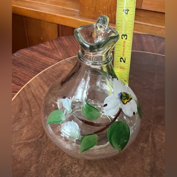 Vtg Cruet Set Hand Painted Glass Pair Floral Dogwood Pattern White Green Brown - Picture 5 of 12